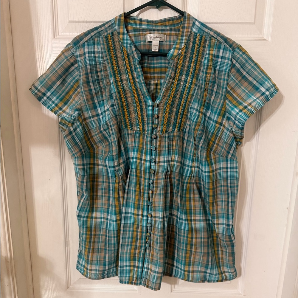 Dress Barn Teal and Yellow Plaid Blouse